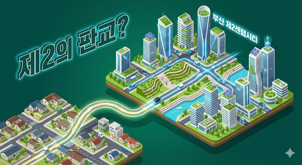 부산 제2센텀시티 조감도와 반여동 반송동의 미래 가치를 표현한 일러스트