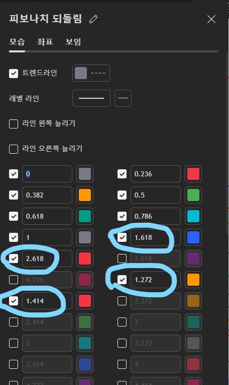 피보나치 연장 비율 설정