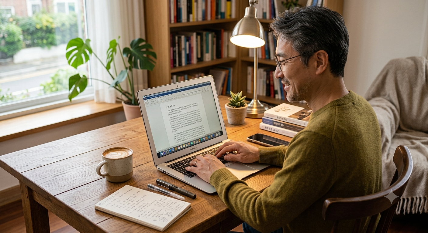 이미지 소개: 40대 남자가 노트북에 글을 써는 장면