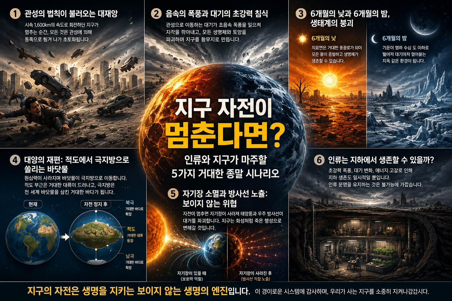 지구 자전이 멈추었을 때 발생하는 대기권의 대이동과 지표면의 황무지 상상도