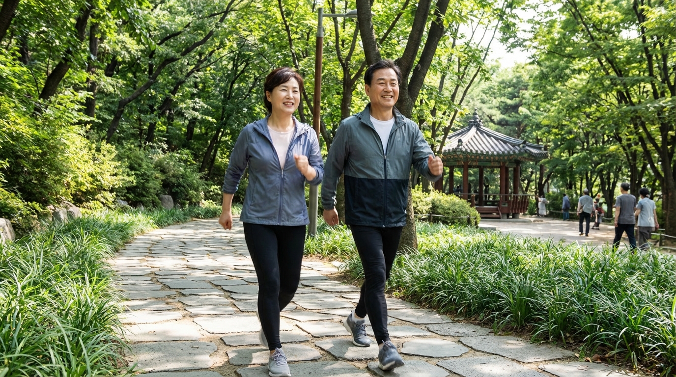 관절에 무리 없이 공원에서 편안한 운동복을 입고 빠르게 걷기(파워워킹)를 하는 한국 중년 남녀