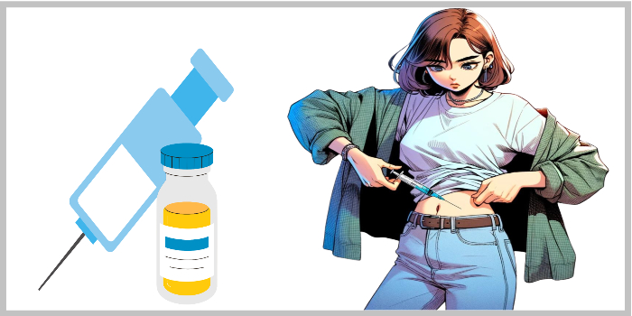 다이어트 주사를 복부에 스스로 주사하는 여성&amp;#44; 옆에는 약물 주사기와 약병이 함께 배치된 모습