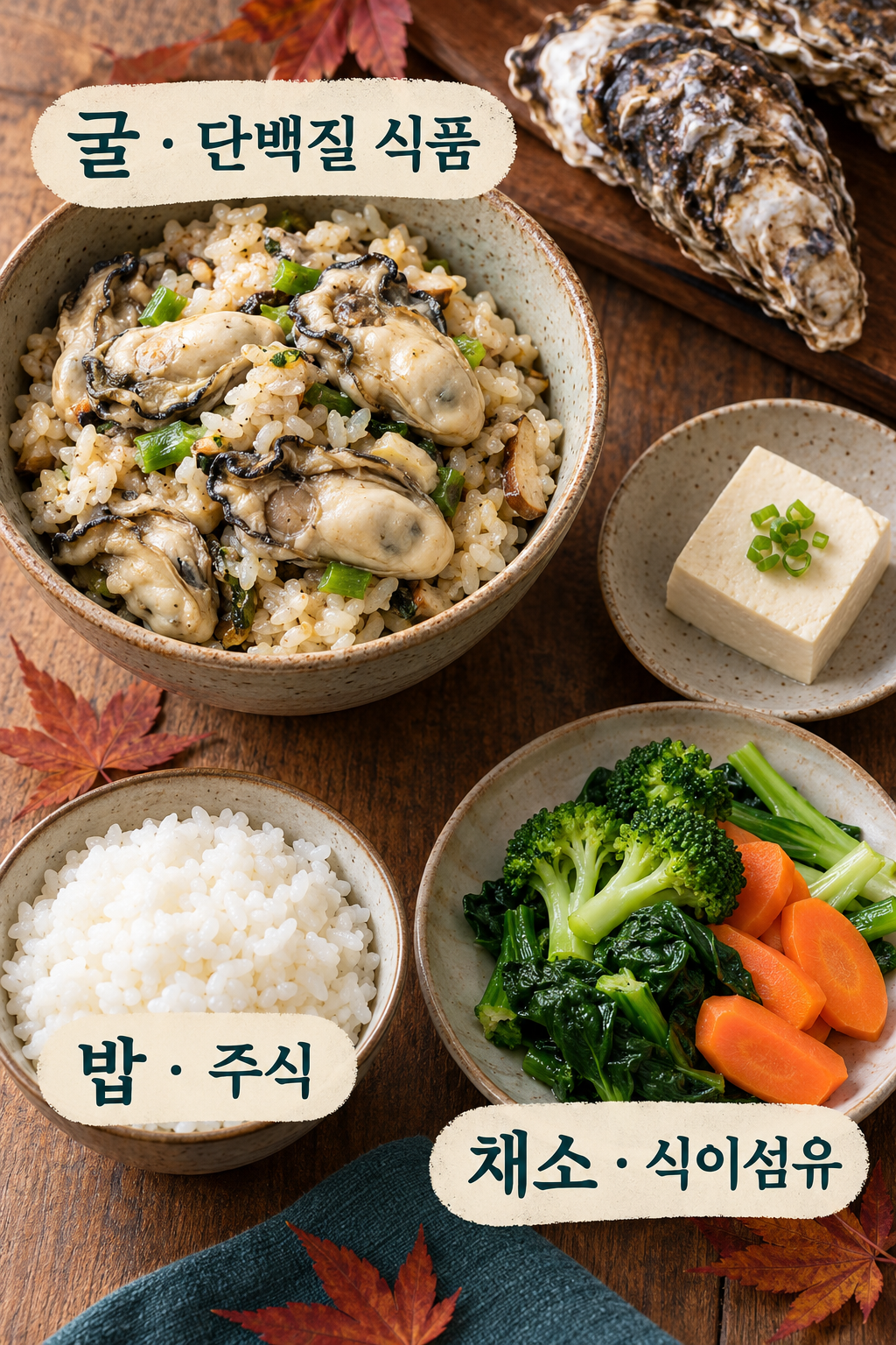 충분히 익힌 굴밥에 채소와 다른 반찬을 곁들인 식탁.