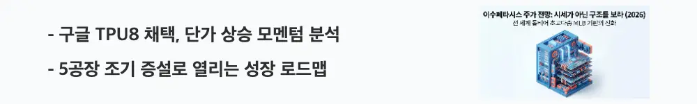 이수페타시스 주가 전망: '구글 TPU8 채택, 단가 상승 모멘텀 분석'이라는 문구가 포함된 웹배너 이미지. 이 이미지는 구글 TPU8 채택과 5공장 증설 로드맵을 시각적으로 전달하며, 블로그의 이수페타시스 성장 모멘텀과 관련된 내용을 설명함