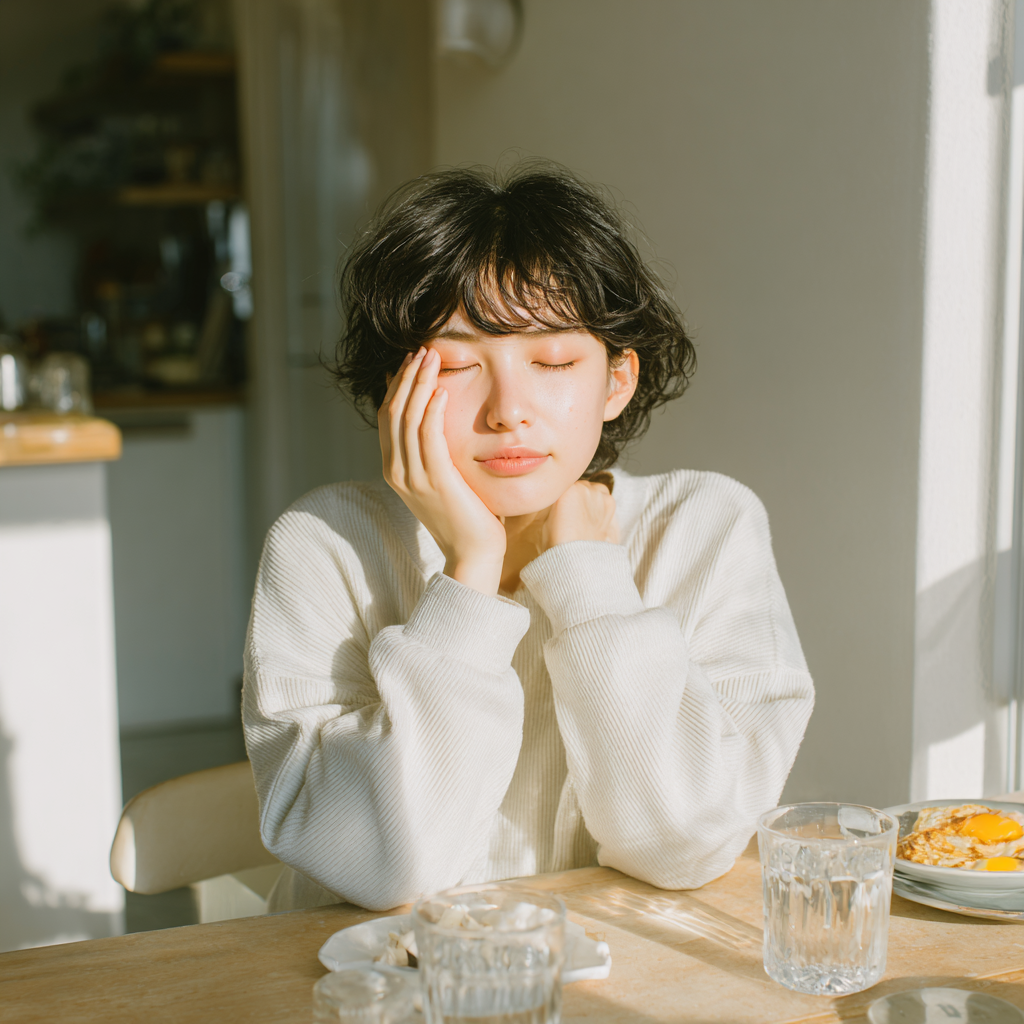 아침에 눈이 부은 상태로 식탁에 앉아 있는 사람의 일상적인 모습