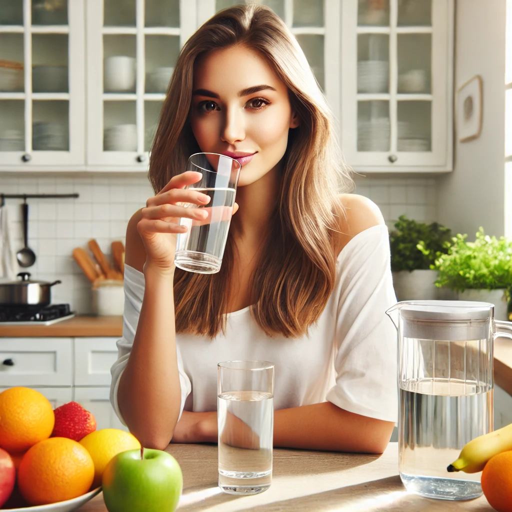 햇볕이 잘 드는 주방에서 젊은 여성이 물 한 잔을 마시며 신선한 과일과 물병으로 둘러싸인 모습. 건강하고 상쾌한 분위기가 강조된 장면