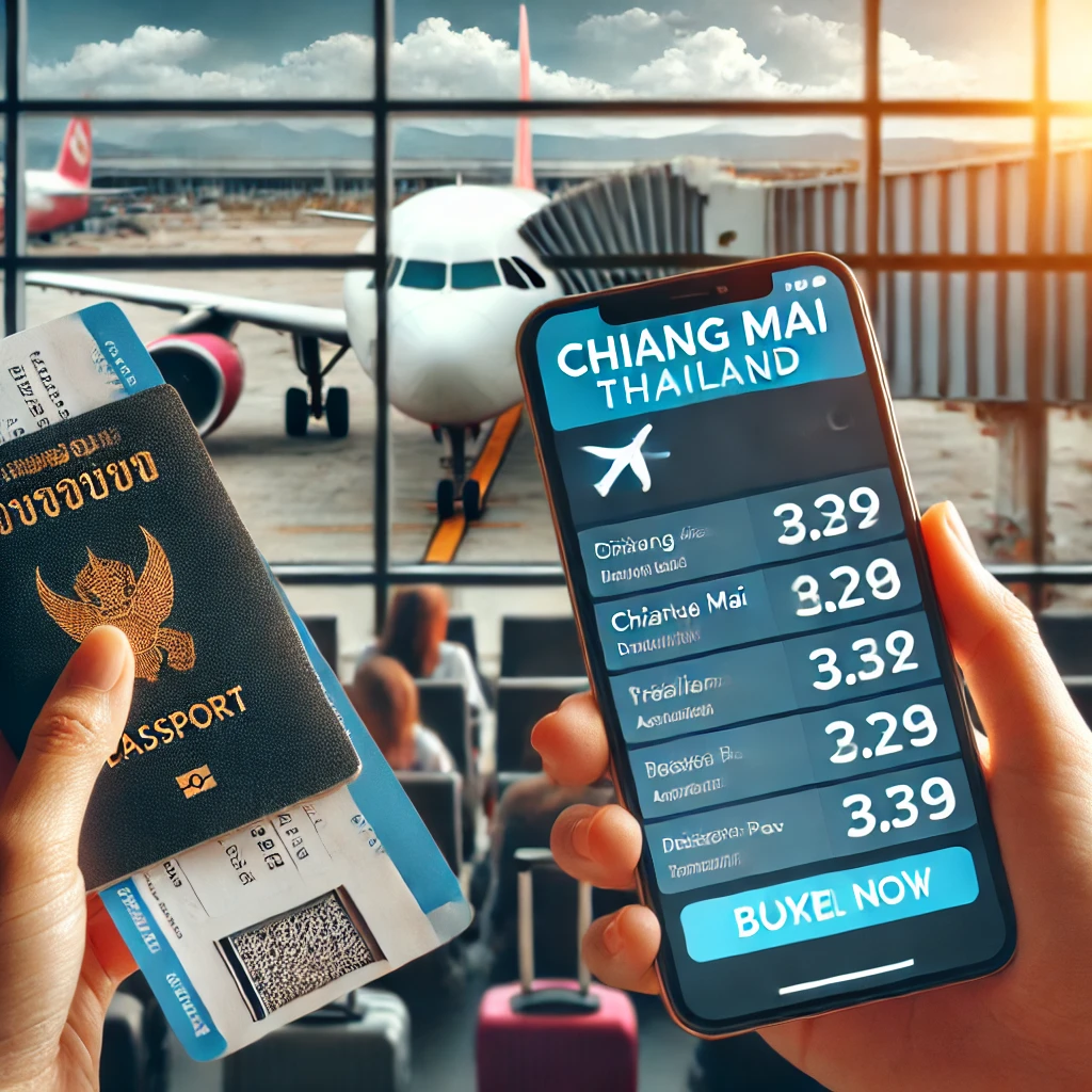 치앙마이행 비행기와 저렴한 항공권 예약 화면을 보여주는 이미지
