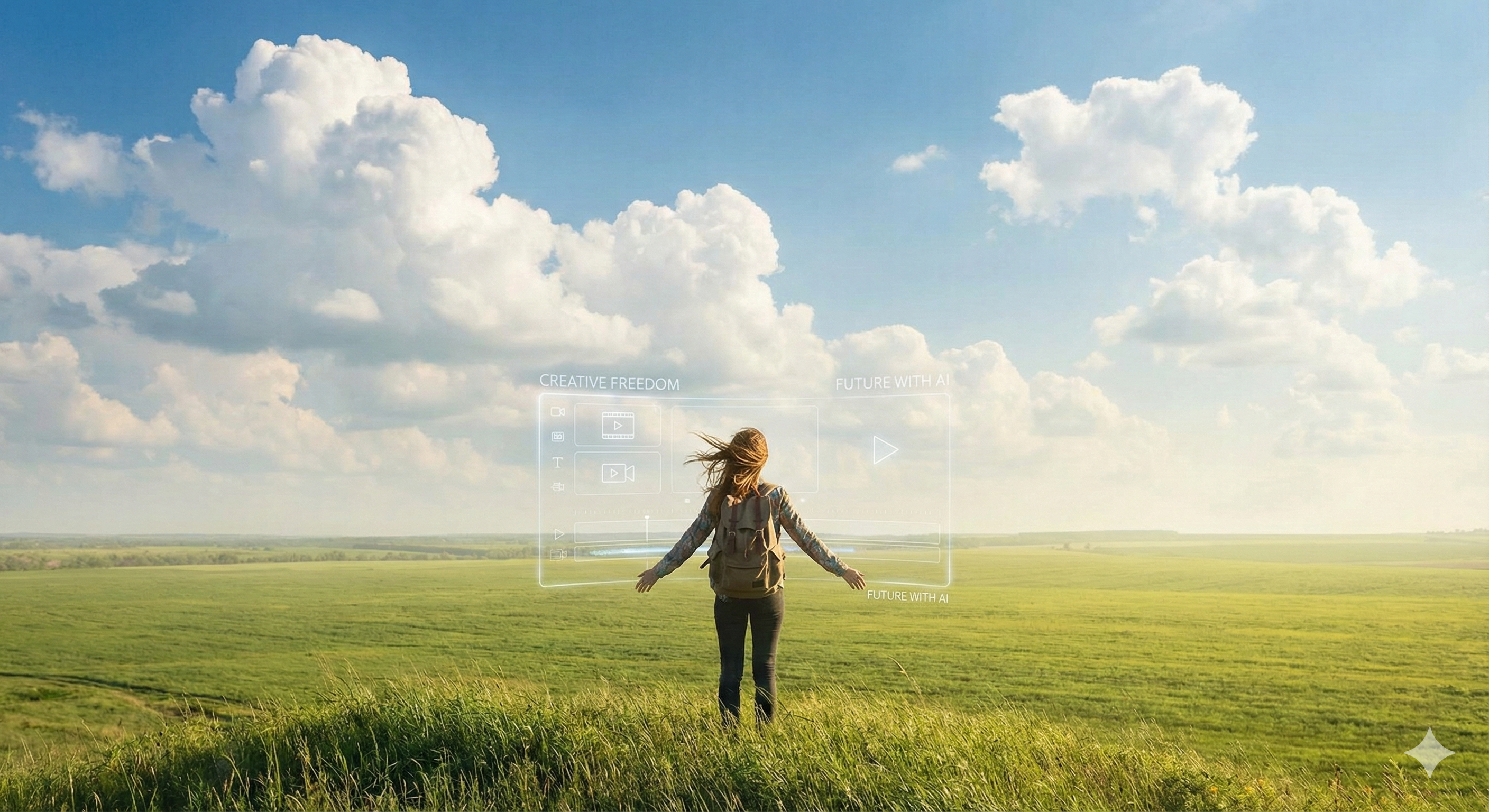 탁 트인 푸른 하늘과 초록 들판을 배경으로 한 자유로운 여행자의 뒷모습, 바람에 날리는 머리카락, 해방감과 희망찬 미래를 상징, 창작의 자유