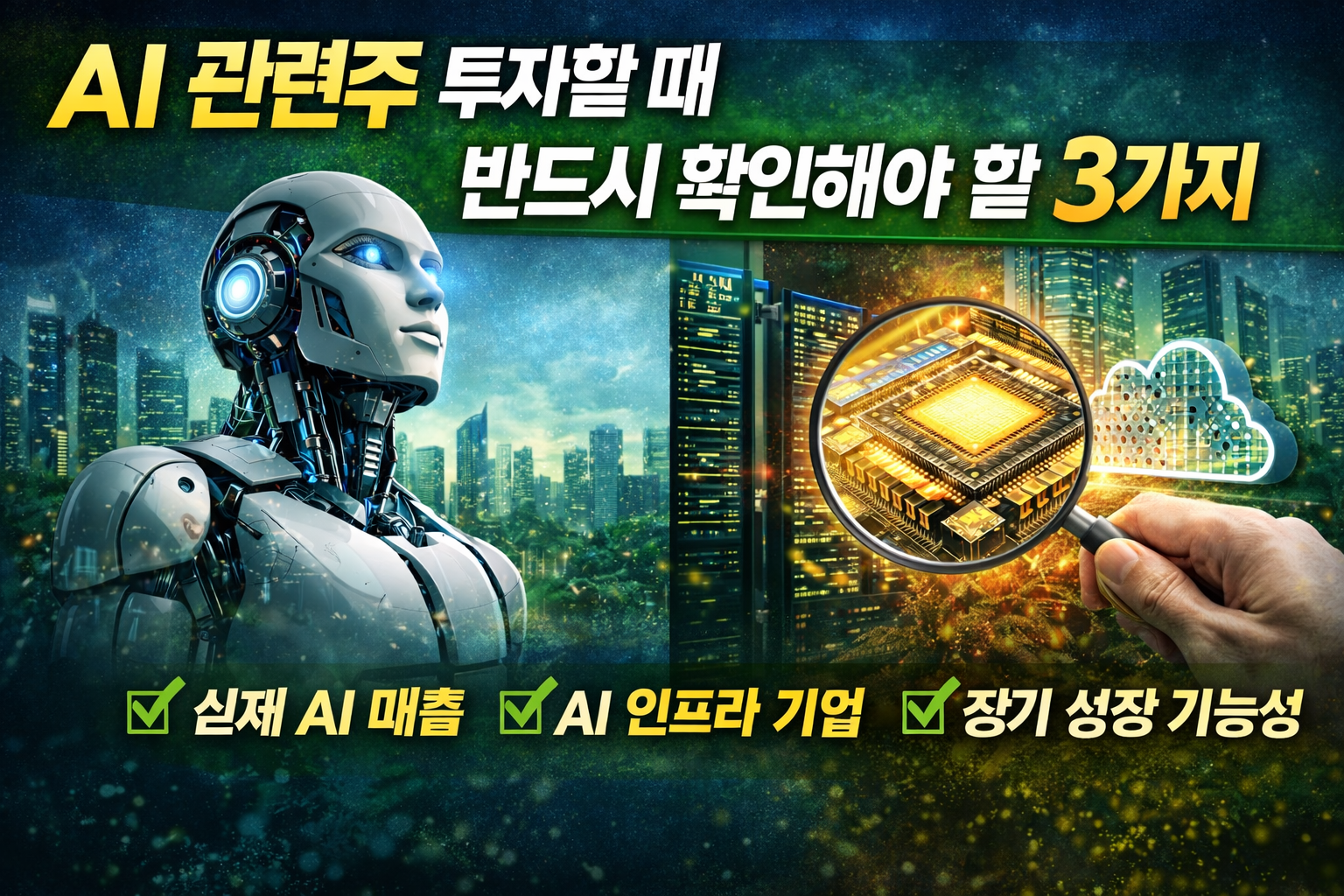AI 관련주 투자할 때 반드시 확인해야 할 3가지
테마주 말고 진짜 돈 되는 기업 고르는 방법 (2026 투자 전략)

최근 몇 년 사이 AI 산업은 글로벌 투자 시장의 핵심 키워드가 되었습니다.

엔비디아, 마이크로소프트, 구글 같은 빅테크 기업들이 AI 경쟁에 뛰어들면서 AI 관련주에 대한 투자 관심도 빠르게 증가하고 있습니다.

하지만 많은 투자자들이 이런 고민을 합니다.

&ldquo;AI 관련주가 너무 많은데 어떤 기업에 투자해야 할까?&rdquo;

실제로 AI 테마로 묶인 기업들 중에는 장기적으로 성장하는 기업도 있지만 단순 기대감으로 올라간 기업도 많습니다.

그래서 이번 글에서는 AI 관련주 투자할 때 반드시 확인해야 할 3가지 기준을 정리해 보겠습니다.

AI 관련주가 계속 늘어나는 이유

최근 많은 기업들이 AI 사업에 진출한다고 발표하면서 AI 관련주 숫자가 빠르게 증가하고 있습니다.

하지만 모든 기업이 실제로 AI 산업에서 수익을 만드는 것은 아닙니다.

예를 들어

AI 기술을 직접 개발하는 기업

AI 인프라를 제공하는 기업

단순히 AI 테마에 묶인 기업

이렇게 세 가지 유형이 존재합니다.

그래서 투자할 때는 진짜 AI 기업인지 확인하는 과정이 매우 중요합니다.

AI 관련주 투자 기준 3가지

AI 투자에서 가장 중요한 기준은 다음 세 가지입니다.

1️⃣ 실제 매출이 발생하는 기업인지 확인

가장 중요한 기준은 AI 사업으로 실제 매출이 발생하는 기업인지입니다.

많은 기업들이 AI 사업을 발표하지만 실제로는 매출 비중이 매우 낮은 경우도 많습니다.

그래서 다음을 확인하는 것이 중요합니다.

✔ AI 관련 매출 비중
✔ AI 제품 또는 서비스 출시 여부
✔ AI 사업 성장 속도

대표적으로 글로벌 시장에서는

엔비디아

마이크로소프트

구글

같은 기업들이 AI 사업에서 실제 수익을 만들고 있는 기업입니다.

2️⃣ AI 인프라 기업인지 확인

AI 산업에서 가장 중요한 것은 기술을 사용하는 기업보다 인프라를 제공하는 기업일 가능성이 높습니다.

AI 모델을 운영하기 위해서는 다음 인프라가 필요합니다.

✔ AI 반도체
✔ 데이터센터
✔ 클라우드

그래서 다음 산업들이 AI 산업 성장의 핵심 수혜 산업으로 평가됩니다.

반도체 기업

클라우드 기업

데이터센터 기업

AI 산업이 성장할수록 이 인프라 기업들의 수요도 함께 증가할 가능성이 높습니다.

3️⃣ 장기 성장 가능성

AI 산업은 단기간에 끝나는 기술이 아니라 장기적으로 성장할 가능성이 높은 산업입니다.

전문가들은 AI 산업이 앞으로 10년 이상 성장할 가능성이 높다고 보고 있습니다.

그래서 투자할 때는 다음을 고려해야 합니다.

✔ 기업의 기술 경쟁력
✔ 글로벌 시장 점유율
✔ 장기 성장 전략

단기적인 주가 움직임보다 장기 성장 가능성을 중심으로 기업을 분석하는 것이 중요합니다.

AI 투자 핵심 정리

AI 관련주 투자할 때는 다음 세 가지를 반드시 확인해야 합니다.

✔ 실제 AI 매출이 발생하는 기업
✔ AI 인프라 산업 기업
✔ 장기 성장 가능성

이 세 가지 기준을 통해 단순 테마주와 진짜 성장 기업을 구분할 수 있습니다.

결론

AI 산업은 앞으로도 글로벌 경제에서 중요한 역할을 할 가능성이 높습니다.

하지만 AI 관련주라고 해서 모든 기업이 좋은 투자 대상은 아닙니다.

그래서 투자할 때는

✔ AI 사업 매출
✔ 인프라 산업 여부
✔ 장기 성장 가능성

이 세 가지 기준을 중심으로 기업을 분석하는 것이 중요합니다. 관련 이미지