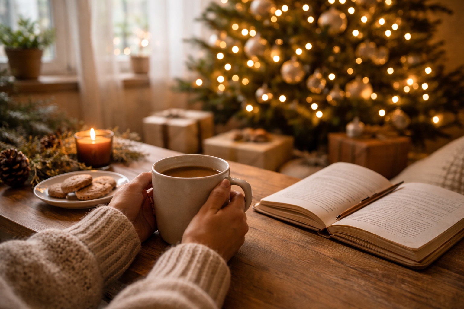 성탄절 아침, 커피를 손에 들고 책과 함께 맞는 고요한 시간
