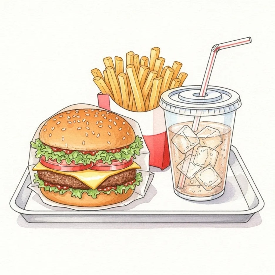 푸짐하게 차려진 맛있는 버거 세트 메뉴