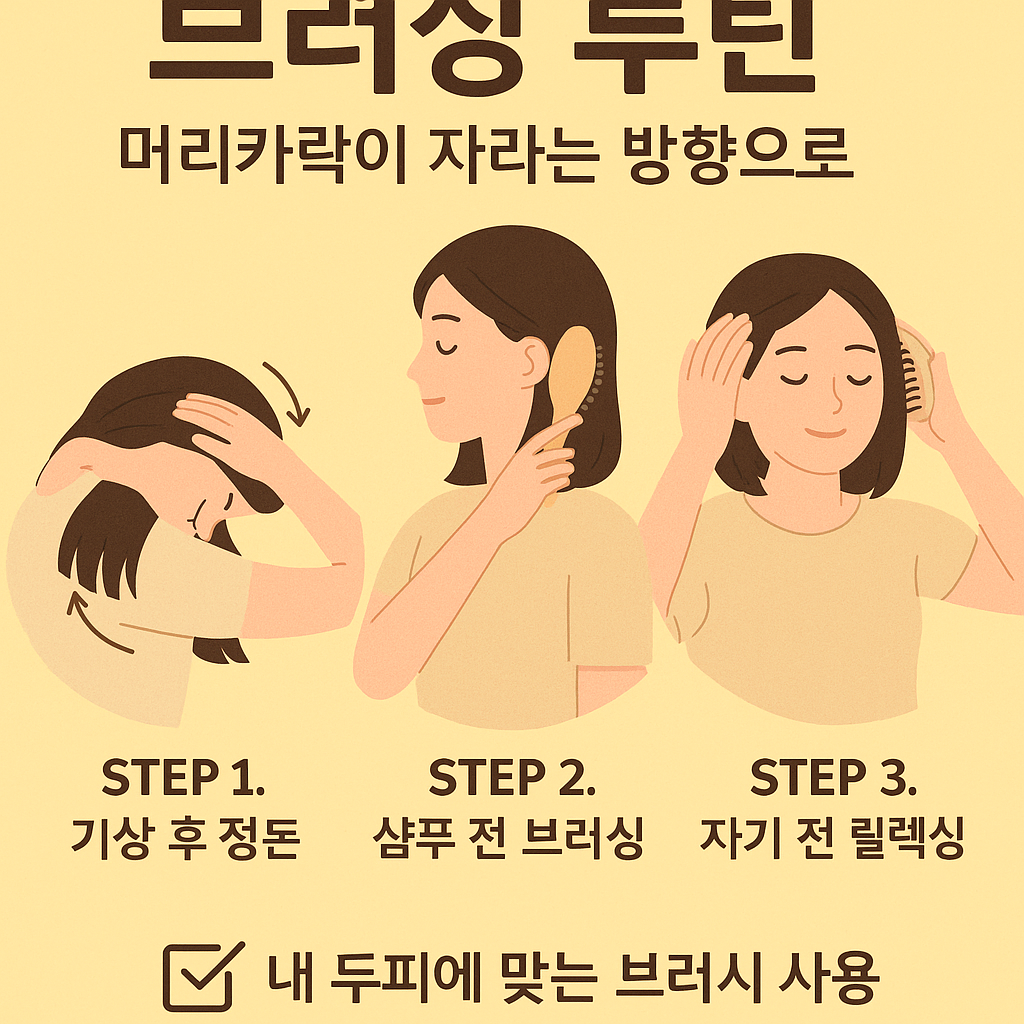 두피 브러싱을 통해 탈모를 예방하고 두피 순환을 촉진하는 루틴을 소개하는 한국어 인포그래픽 이미지로, 아침&middot;저녁 브러싱 동작과 브러시 종류 정보가 포함된 플랫 스타일 일러스트