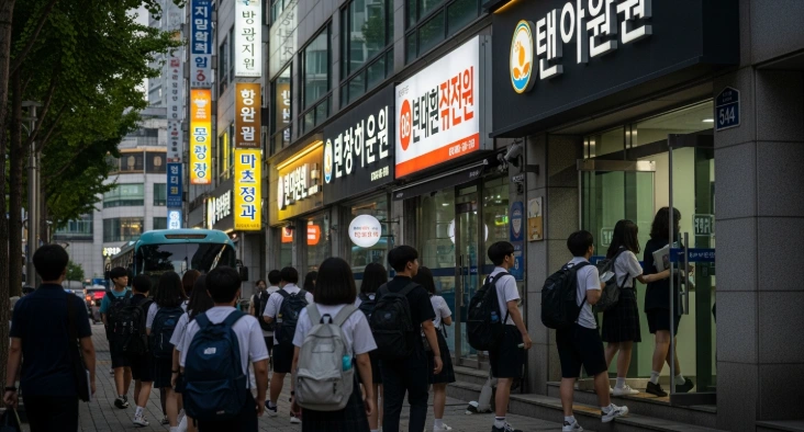 늦은 저녁, 학원 간판들로 가득한 한국 도심의 학원가에서 학생들이 바쁘게 이동하는 모습