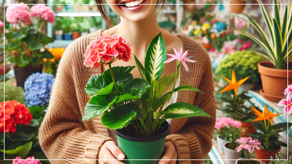 꽃집에서 꽃화분을 손에 들고 웃는 여자의 모습