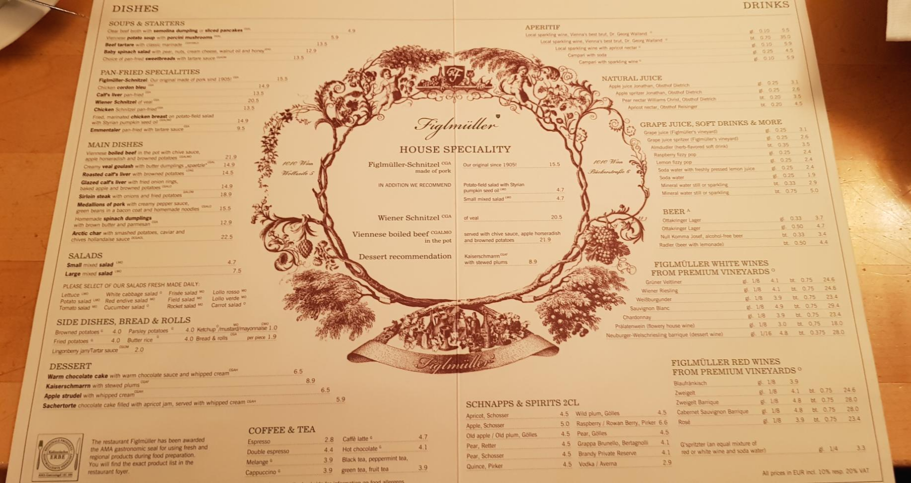 빈 맛집 FIGLMULLER 메뉴판