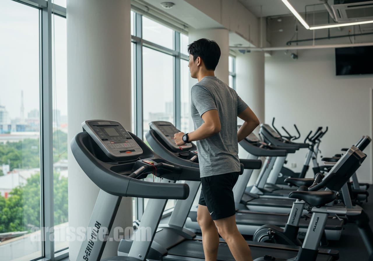 런닝머신에서 유산소 운동하는 활기찬 모습