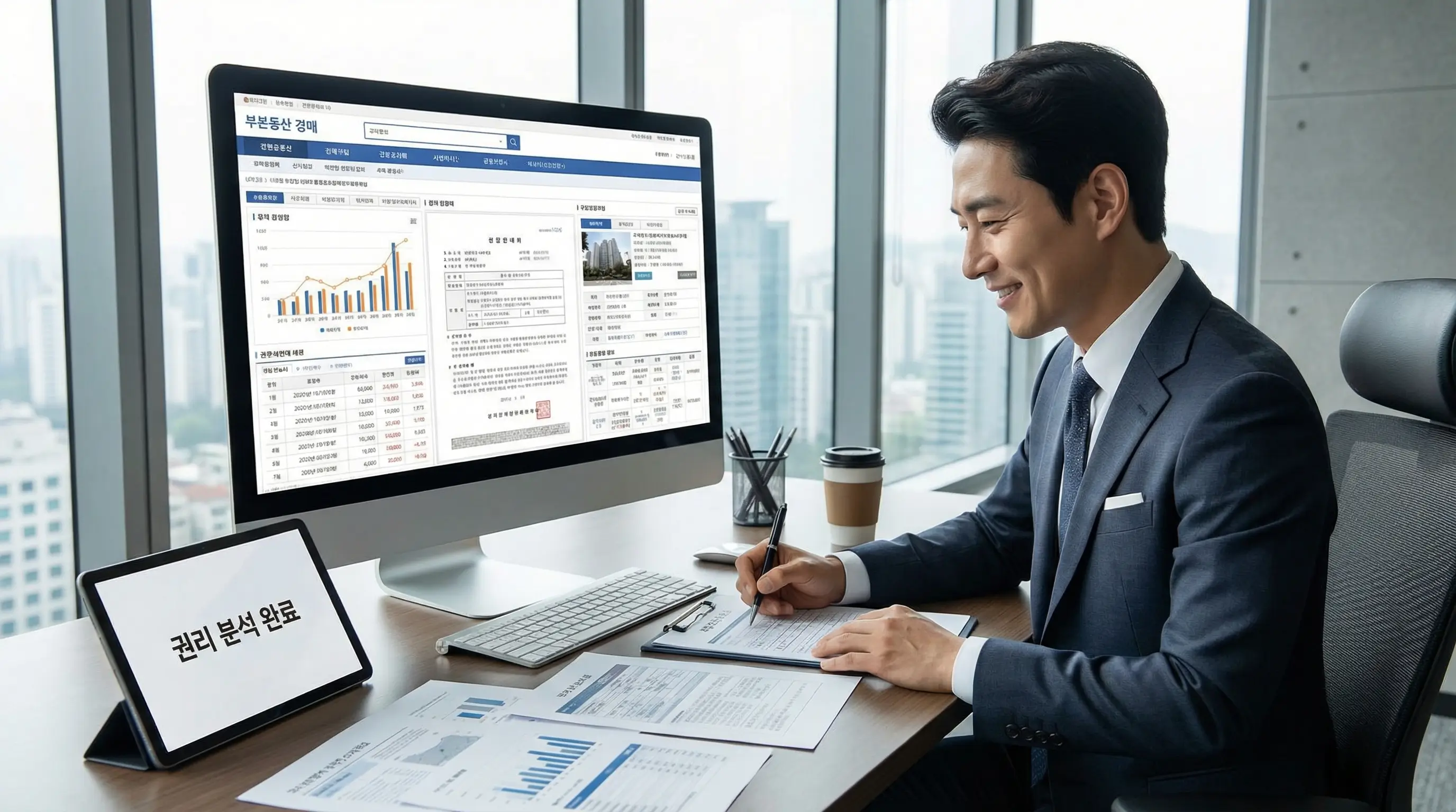 전문적인 경매 사이트 화면을 보며 권리 분석을 마치고 자신 있게 입찰표를 작성하는 투자자의 모습