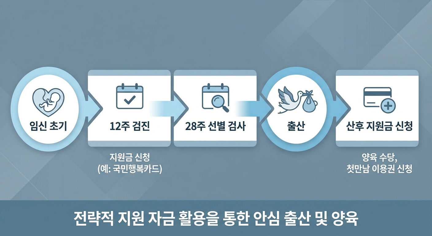 임신 초기부터 출산 후까지 시기별 임산부 지원금 신청 및 활용 전략 타임라인 인포그래픽