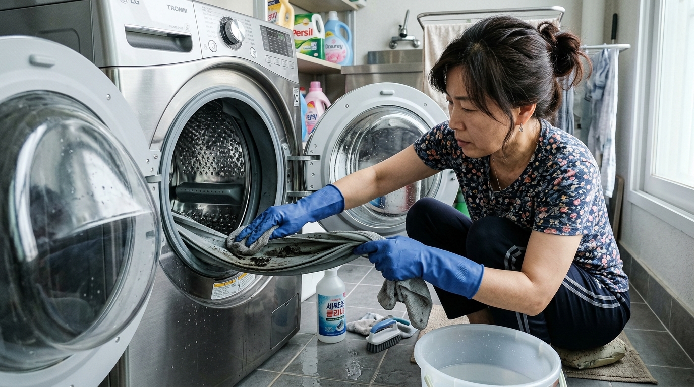 세탁기 고무패킹의 물기와 찌꺼기를 닦아내는 장면