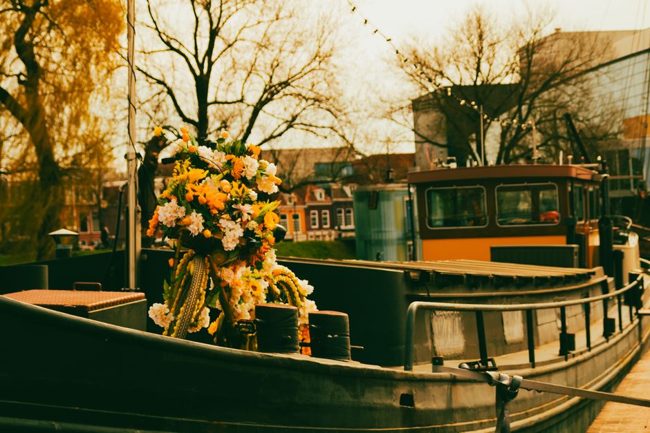 Colorful flowers adorn a canal boat under warm spring sunshine, creating a serene scene.