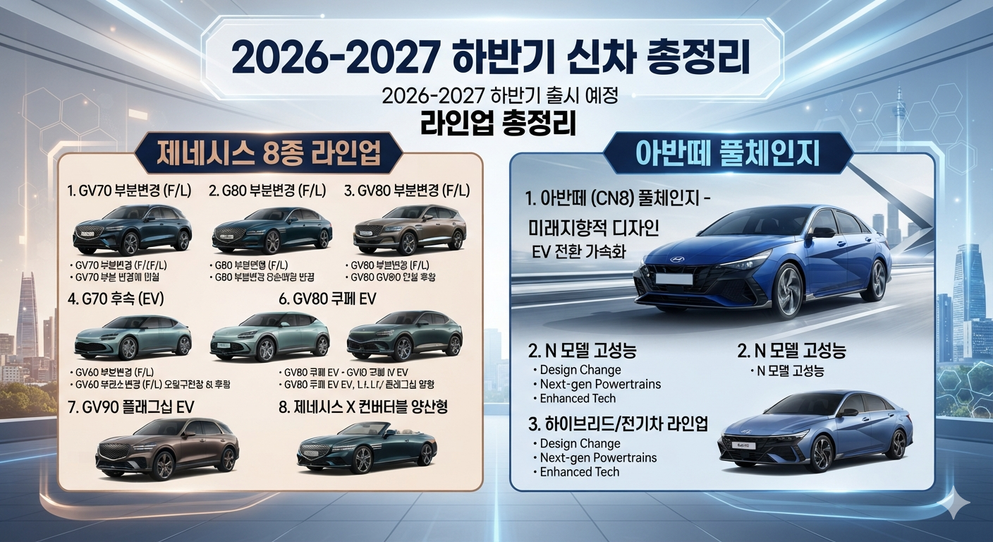 "제네시스 8종, 아반떼 풀체인지까지 2026~2027 하반기 신차 총정리"