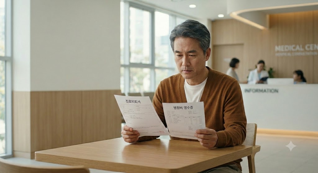 병원 접수창구에서 진료의뢰서와 병원비 영수증을 확인하는 남성