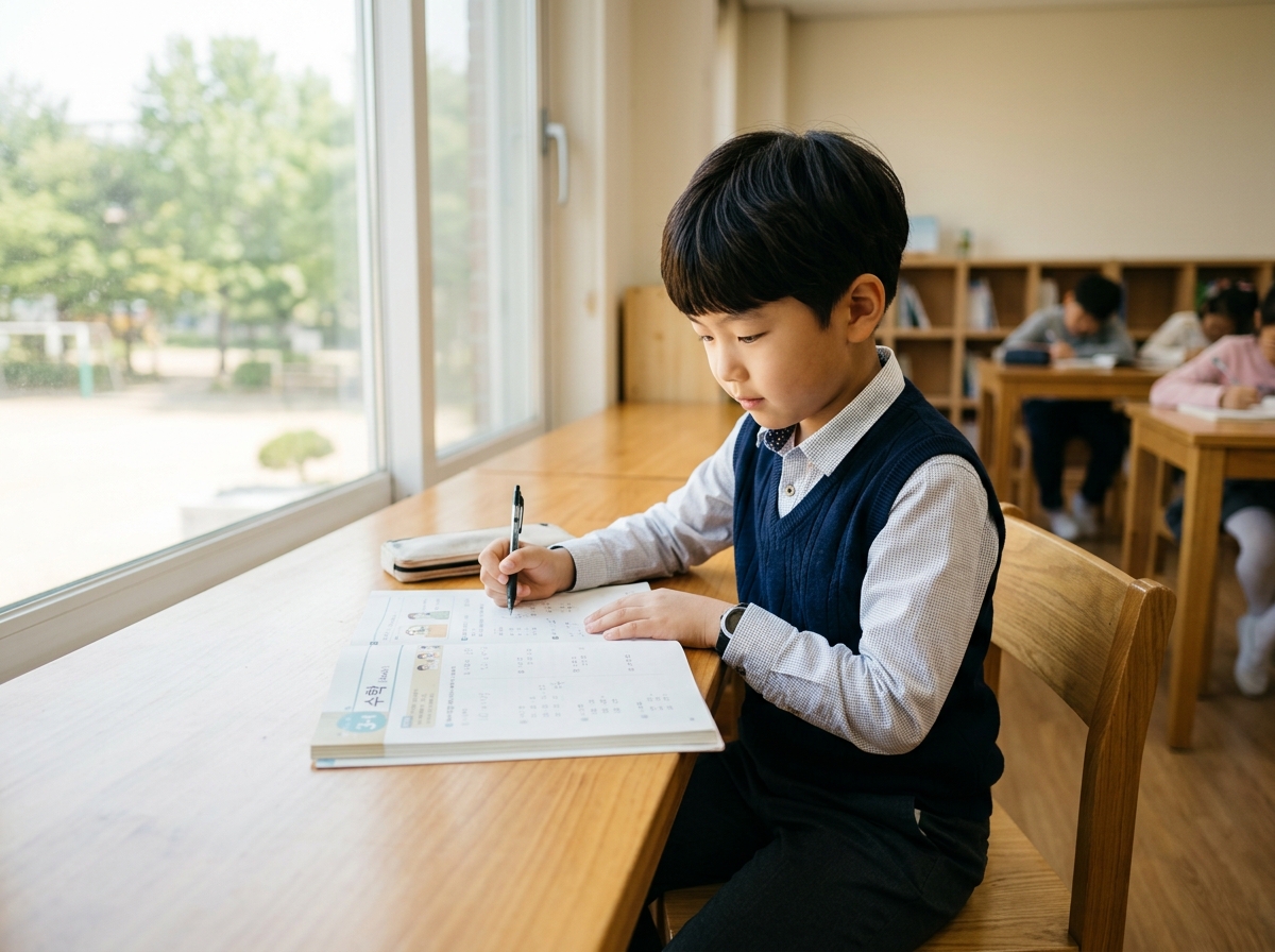 수학 교과서를 보며 생각에 잠긴 초등학생