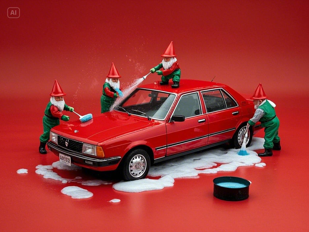 빨간색 세단을 세차중인 사진