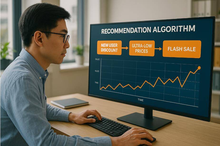 테무의 성장 원리를 분석하는 데이터 전문가의 모습