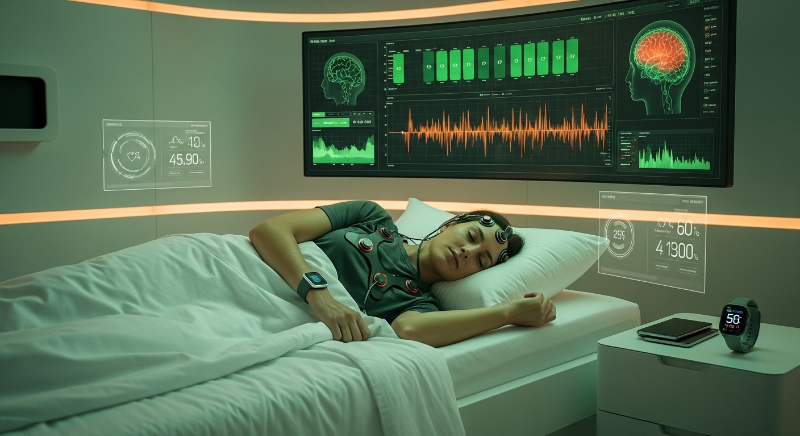 최신 웨어러블 수면 트래커와 수면 데이터를 분석하는 인공지능 인터페이스를 보여주는 현대적인 이미지. 미래의 개인 맞춤형 수면 관리 기술을 상징합니다.