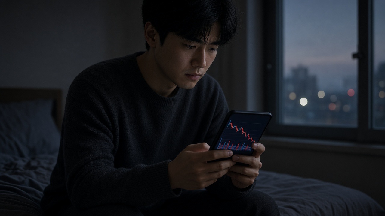 새벽에 스마트폰으로 미국 기업 실적 발표 소식을 확인하는 30대 한국인 남성 투자자