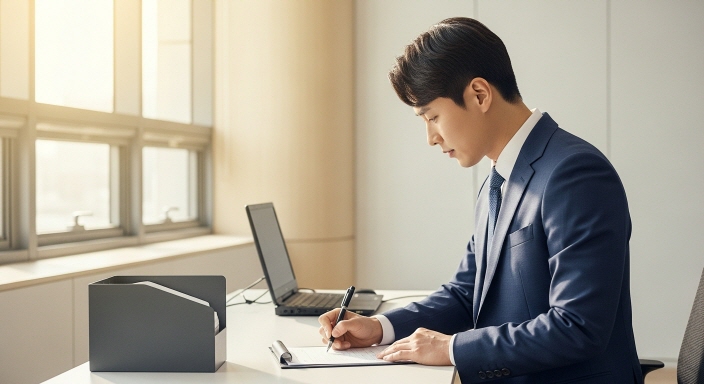 밝은 관공서 건물에서 이의신청을 하는 모습