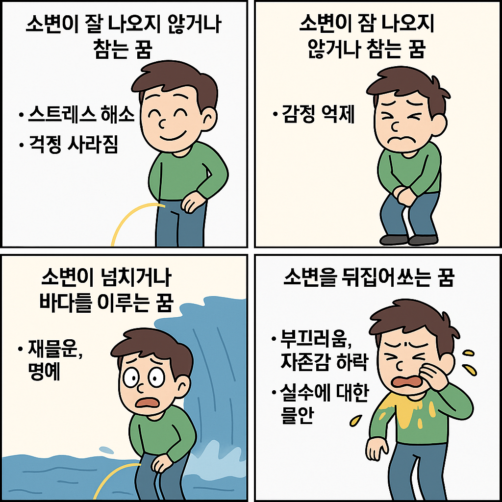 4컷 만화. 첫 번째 컷은 남성 캐릭터가 시원하게 오줌을 누며 웃고 있는 장면으로, 스트레스 해소와 걱정 사라짐을 상징. 두 번째 컷은 다리를 꼬고 참고 있는 캐릭터가 등장하며 감정 억제를 나타냄. 세 번째 컷은 바다처럼 넘치는 오줌 앞에 놀란 캐릭터가 서 있으며, 이는 재물운과 명예를 상징. 네 번째 컷은 소변을 뒤집어쓰고 찝찝해하는 캐릭터로, 부끄러움과 실수에 대한 불안을 의미한다