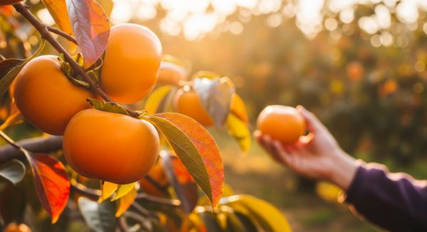 가을 과수원에서 나무에 주렁주렁 잘 익은 밝은 주황색 단감