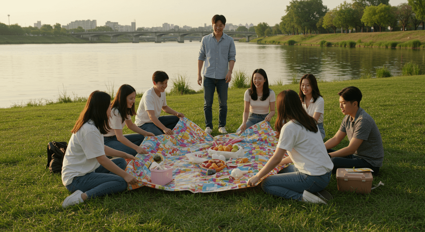 국인 친구들이 한강공원에서 돗자리를 펴고 불꽃 관람 명당을 미리 확보하는 모습 1