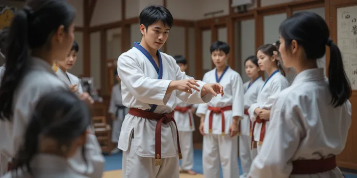 태권도장에서 띠 매는법을 지도하는 사범님