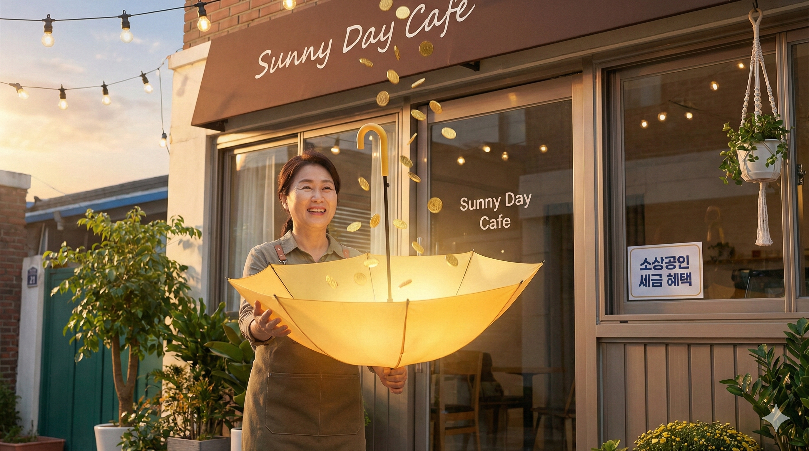 비가 억수같이 쏟아지는 거리(세금 폭탄)에서, 다른 사람들은 비를 맞고 있는데 한 사장님만 빛나는 '노란 우산'을 쓰고 여유롭게 금화(돈)를 지키며 웃고 있는 모습