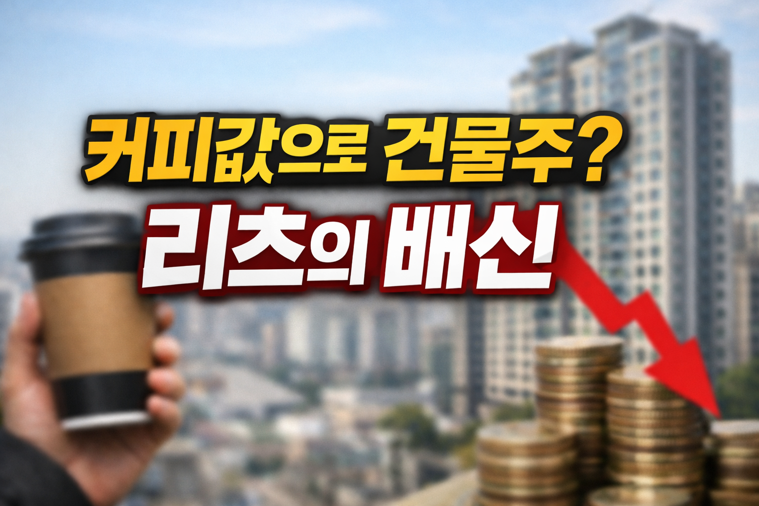 커피를 든 손과 아파트 배경, 동전 더미 위로 하락하는 빨간 화살표와 &ldquo;커피값으로 건물주? 리츠의 배신&rdquo; 문구가 들어간 리츠 투자 금리 민감도 설명 이미지
