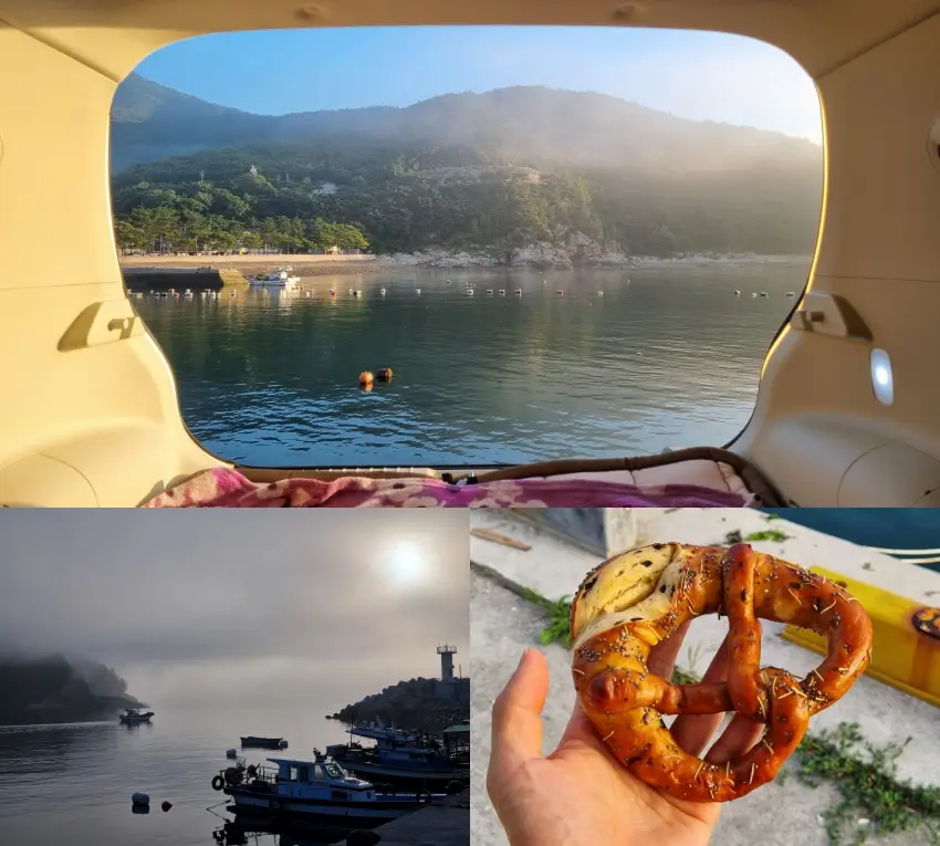 부둣가의 아침을 프레즐로 해결하며 느긋하게 시간을 보냈습니다.