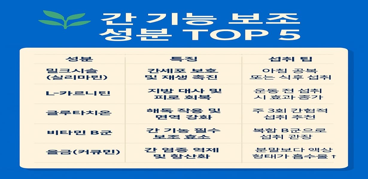 “간 기능 보조 성분 TOP 5를 정리한 인포그래픽 이미지”
