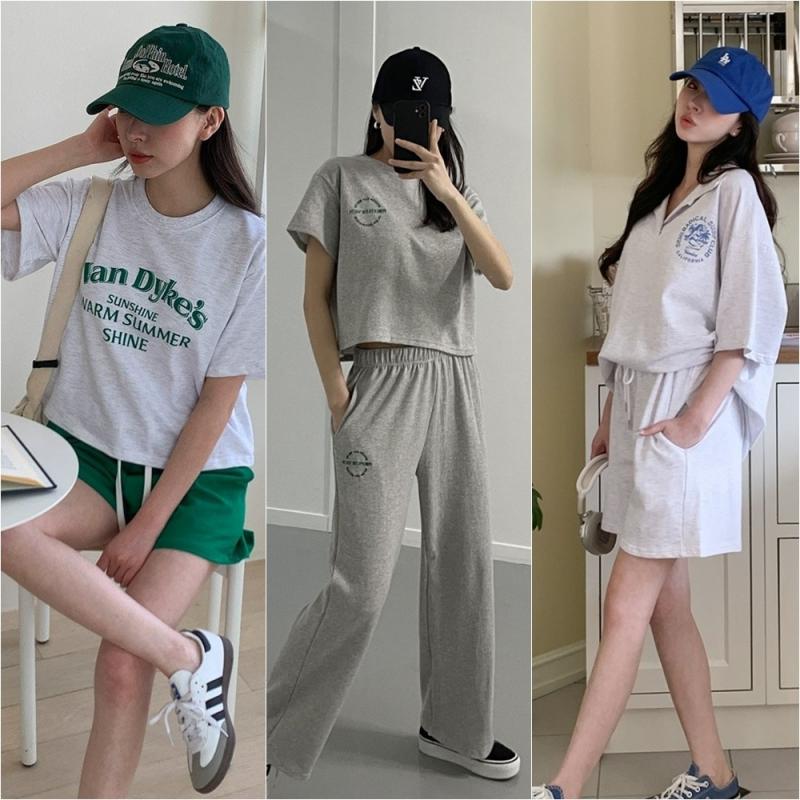 여성 트레이닝 세트 여름 반팔 운동복 반바지 상하 츄리닝 크롭 빅사이즈 루즈핏 조거 팬츠