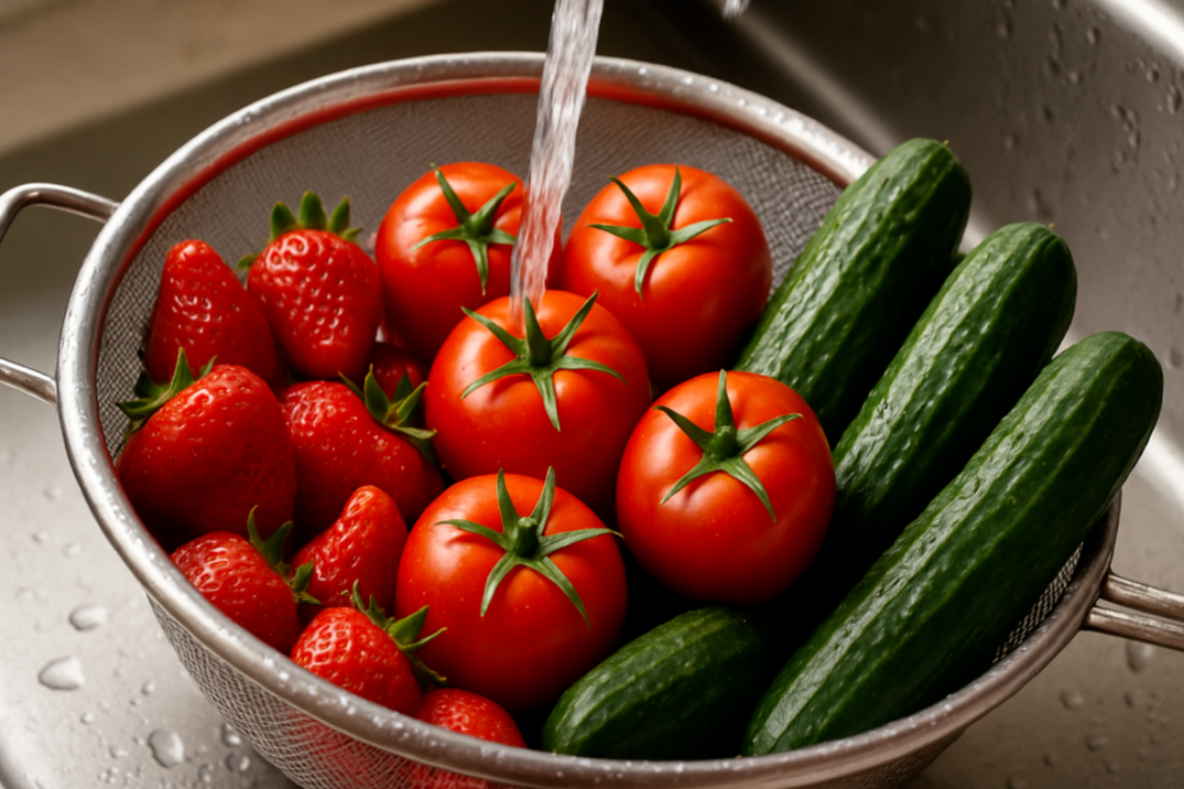 싱크대 거름망에 담긴 딸기, 토마토, 오이를 깨끗이 씻고 있는 신선한 모습