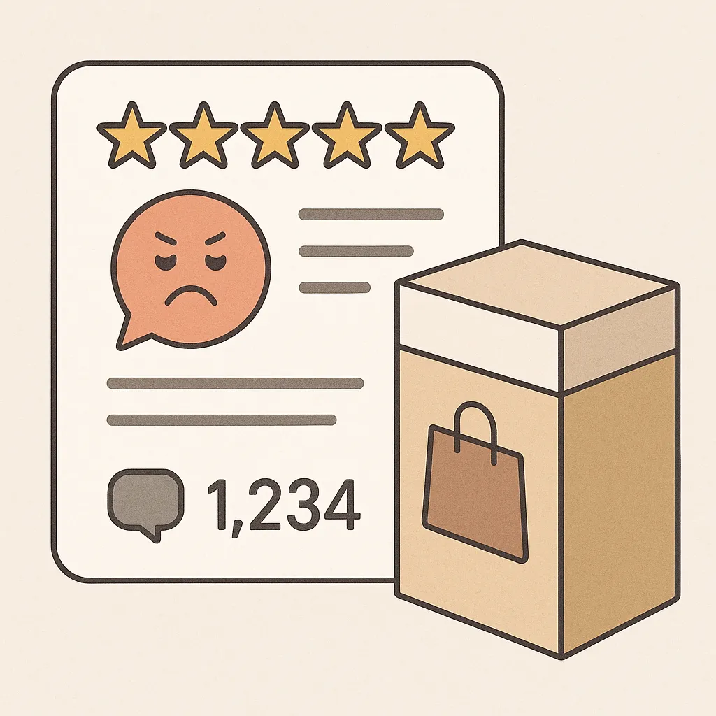 리뷰가-많은-상품이-항상-좋은-것은-아닐-수-있음을-상징적으로-표현한-일러스트-이미지로-별점과-상품박스를-비교적으로-묘사