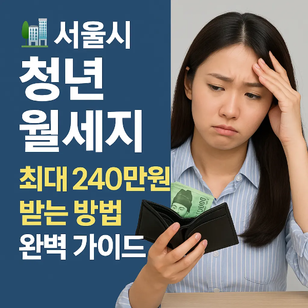 지갑을 들고 걱정하는 표정의 청년 여성과 '서울시 청년 월세지원 최대 240만원 받는 방법 완벽 가이드'라는 텍스트가 함께 있는 이미지