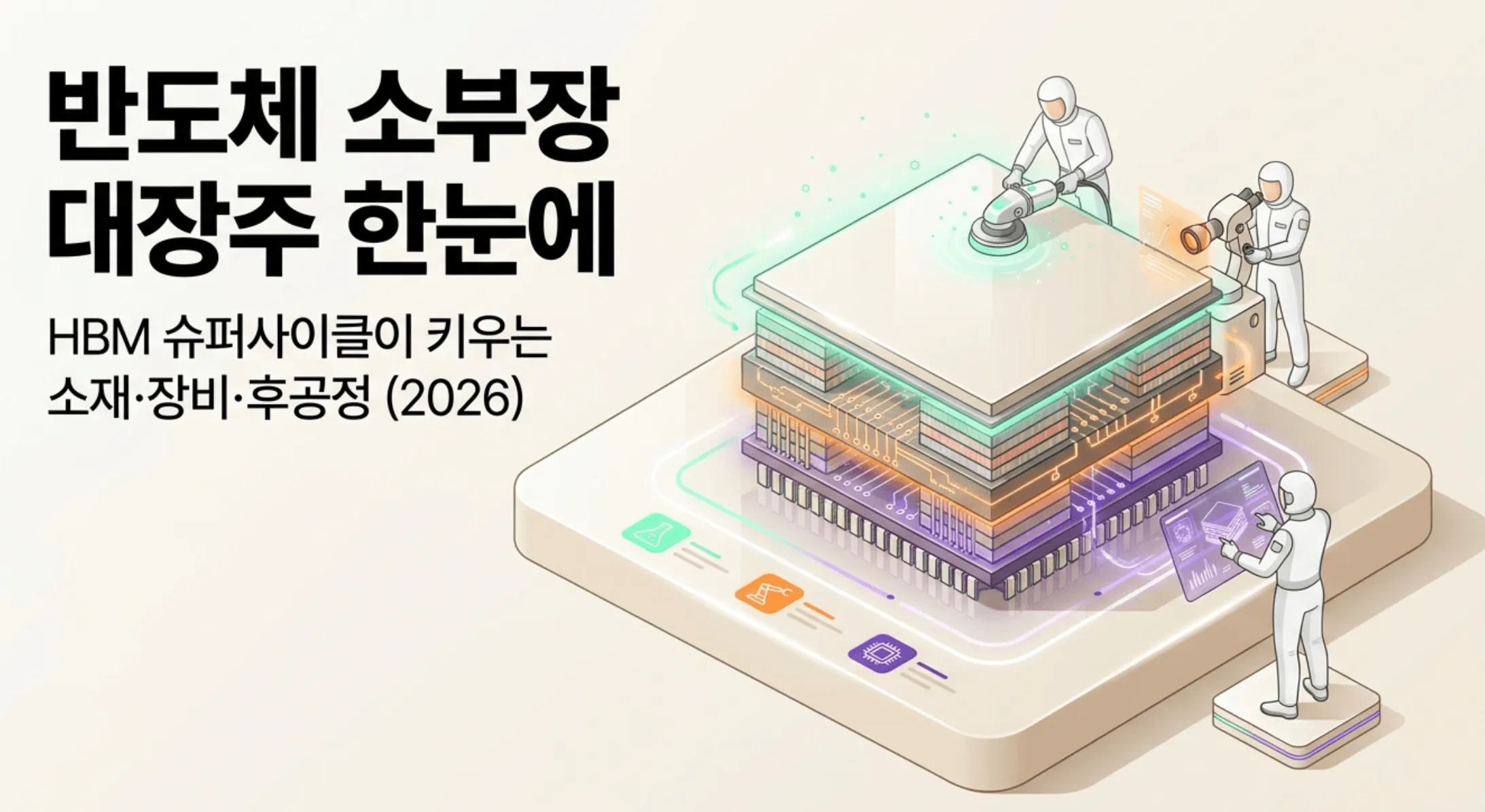 '반도체 소부장 대장주 한눈에', 'HBM 슈퍼사이클이 키우는 소재&middot;장비&middot;후공정 (2026)'이라는 문구가 적힌 블로그 대표 이미지. 방진복을 입은 연구원들이 여러 층으로 쌓인 반도체 칩을 가공하고 검사하는 모습을 통해 HBM 적층 구조와 소재&middot;장비&middot;후공정 공정을 시각적으로 표현함. 반도체 소부장 관련주와 대장주를 소재&middot;장비&middot;후공정으로 나눠 총정리한 글의 주제를 담고 있음.