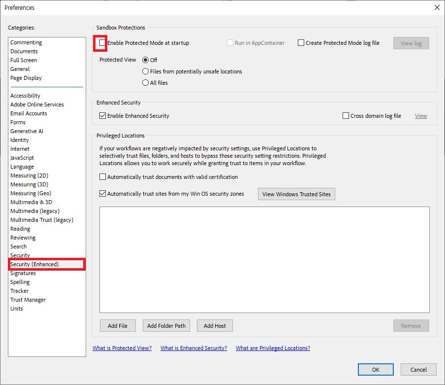 Adobe Acrobat Reader 환경 설정 보안 고급 시작 시 보호 모드 해제