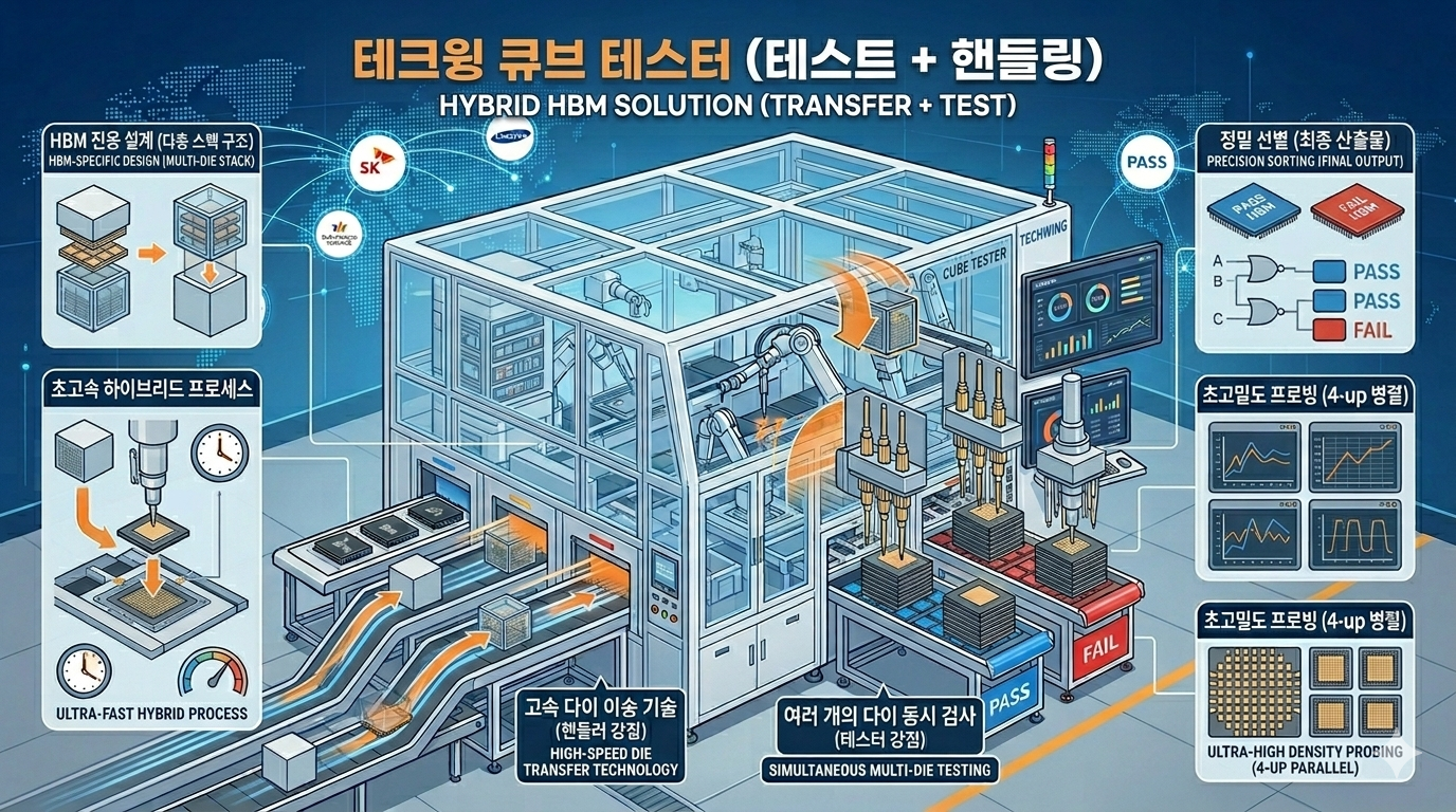 테크윙의 HBM 전용 차세대 검사 장비인 큐브 테스터(CUBE TESTER)가 고속 다이 이송 기술과 여러 개의 다이를 동시에 검사하는 하이브리드 솔루션을 통해 반도체를 정밀 선별하는 기술 공정 인포그래픽 이미지