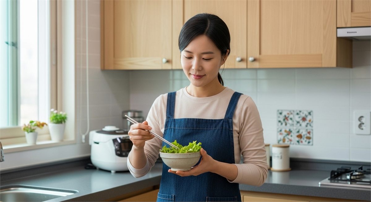 먹을 양을 조절하며 땅두릅을 준비하는 한국인 여성의 모습 