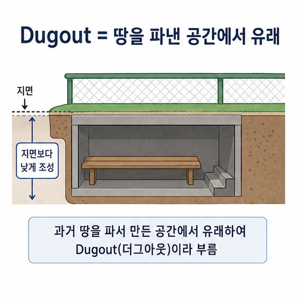 더그아웃이라는 이름이 지면보다 낮게 파인 선수 대기 공간에서 유래했음을 설명한 이미지