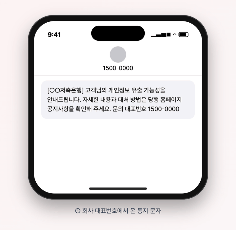 정상 통지 문자는 링크 없이 공식 공지와 대표번호를 안내하고, 보상 사칭 문자는 개인 번호에서 링크와 본인 확인을 요구하는 차이를 보여 주는 휴대폰 GIF